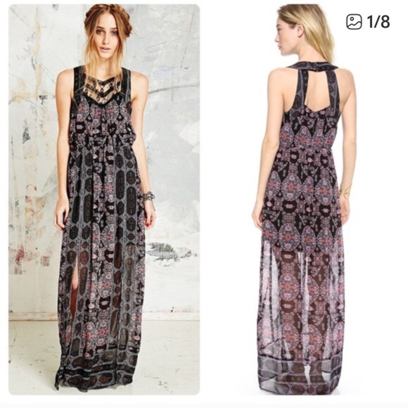 Free People Lace Boho Festival Moroccan Printed Yoke Maxi Dress Size 6 - Picture 1 of 12